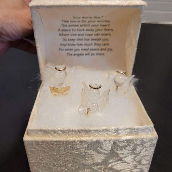 Vintage YOUR WORRY BOX Music Box, 3 Gold-Trim SPUN BLOWN GLASS ANGELS Fur Elise - Picture 3 of 8